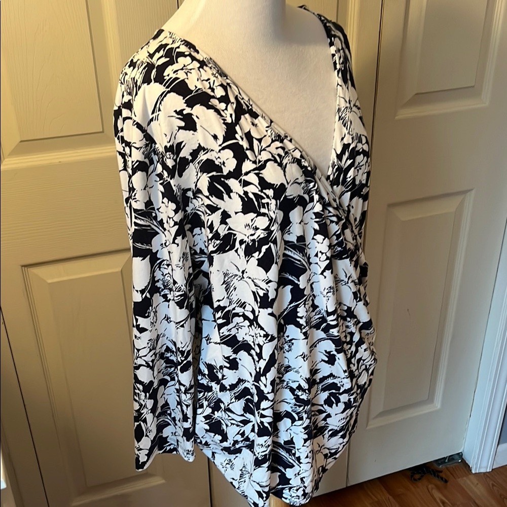Talbots Navy  and White Asymmetrical Blouse
